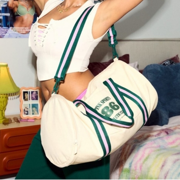 PINK Victoria's Secret Handbags - PINK Victoria's Secret Cream and Green duffle  Bag NEW